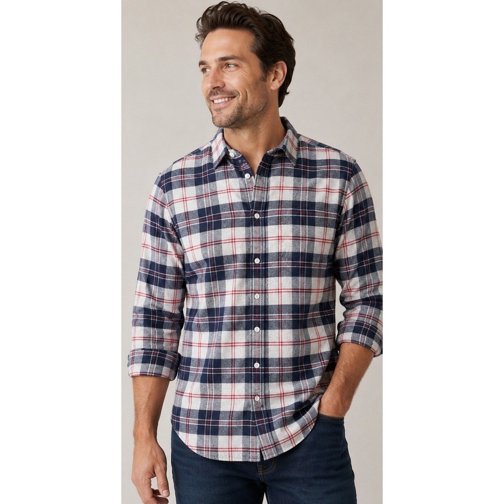 UNTUCKit Mens XL Flannel Shirt Navy Red Grey Plaid Cotton Long Sleeve Button Up